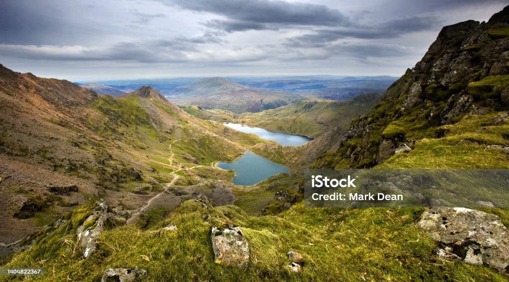 Snowdonia National Park Scenic View Of Welsh Mountains Against Stormy Sky 's Wales Stock Photo