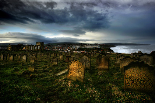 Gravestones on a stormy day in Whitby UK