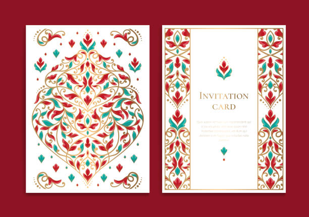 Colorful luxury invitation card design with vector mandala ornament pattern. Vintage template. Can be used for background and wallpaper. Elegant and classic vector elements great for decoration. Vector illustration symbol of india stock illustrations