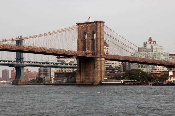 ニューヨークのダウンタウンの有名なスカイライン、早朝の太陽の光でブルックリン橋とマンハッタン、ニューヨーク市、米国。 - lower downtown ストックフォトと画像