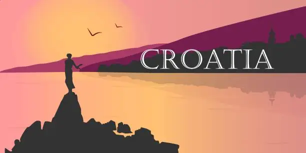 Vector illustration of Flat panoramic landscape. Background silhouette of Croatia. Silhouette of mountains and sea on a colorful background. Vector illustration.