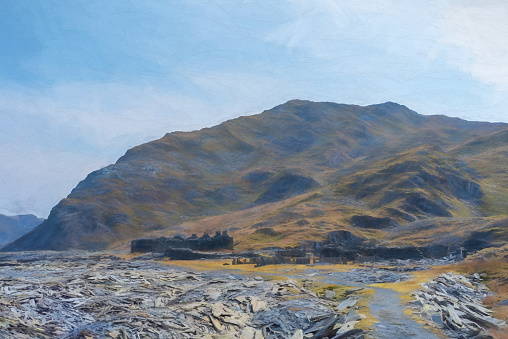 Digital painting of the abandoned Cwmorthin Terrace and Rhosydd Slate Quarry at Blaenau Ffestiniog in Gwynedd, Wales