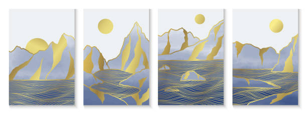 istock Blue mountain gold line art set. Oriental Luxury abstract background. 1404826985