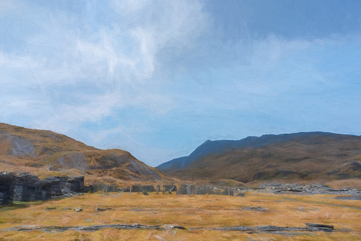 Digital painting of the abandoned Cwmorthin Terrace and Rhosydd Slate Quarry at Blaenau Ffestiniog in Gwynedd, Wales