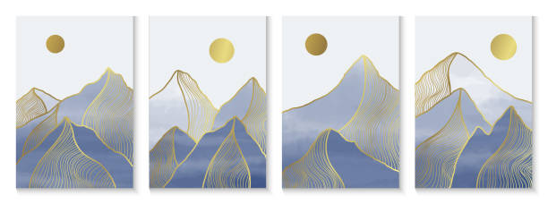 istock Blue mountain gold line art set. Oriental Luxury abstract background. 1404827027