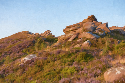 Digital painting of a panoramic view of Hen Cloud and The Roaches from Ramshaw Rocks in the Peak District National Park.