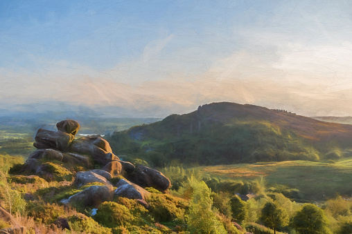 Digital painting of a panoramic view of Hen Cloud and The Roaches from Ramshaw Rocks in the Peak District National Park.