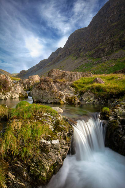 istock Small Waterfall in a lush green valley setting 1404828911