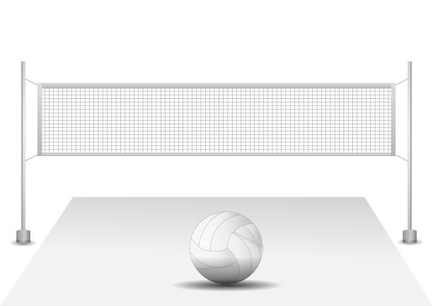 VOLLEY BALL 1 realistic volleyball net with ball white and blue. volleyball net sport. beach volley sport competition. volleyball net stock illustrations