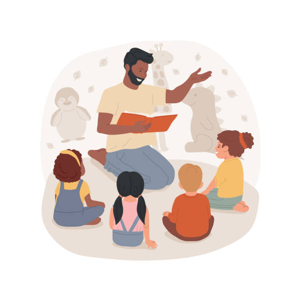 Listening to an adult isolated cartoon vector illustration. Listening to an adult isolated cartoon vector illustration. Children sit in a circle, kids group listen to teacher, early education, autism child care center, behavior therapy vector cartoon. storytelling stock illustrations