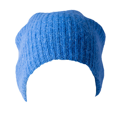 blue hat  knitted isolated on white background. warm winter accessory