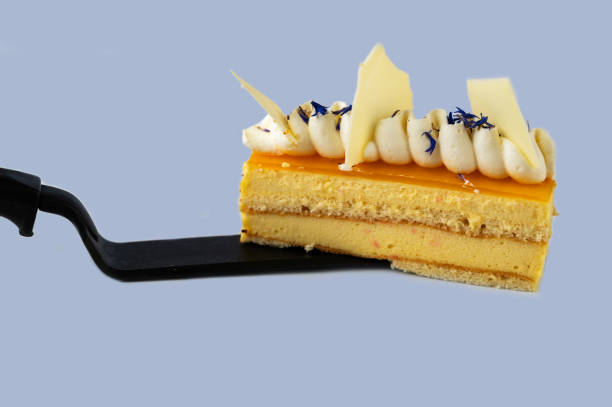 Mango dessert with flower and white chocolate on spatula on blue. stock photo