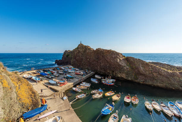 beautiful small port in liguria - framura village la spezia italy - rowboat nautical vessel small motorboat imagens e fotografias de stock