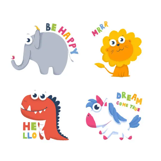 Vector illustration of Collection of cute animal characters with quotes for print, cards, design. unicorn, dinosaur, lion, elefant