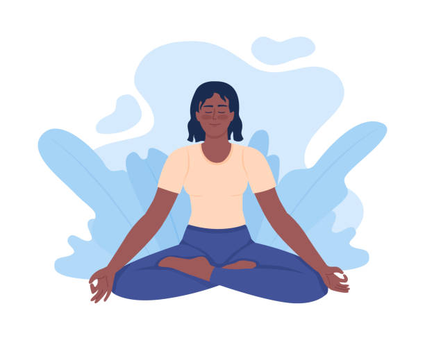 ilustrações de stock, clip art, desenhos animados e ícones de positive young woman meditating in lotus pose 2d vector isolated illustration - african descent american culture exercising women