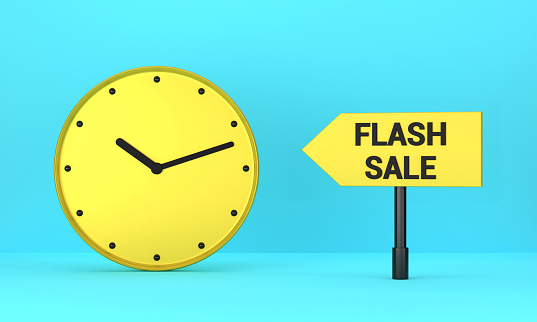 Yellow clock and Flash Sale signpost on blue background. Reminder Concept.