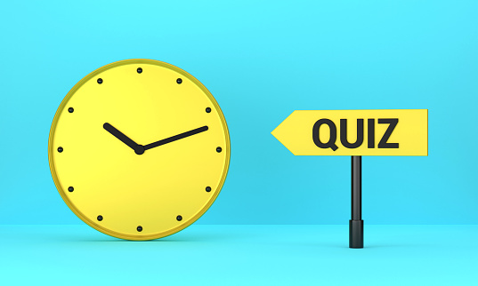 Yellow clock and Quiz signpost on blue background. Reminder Concept.