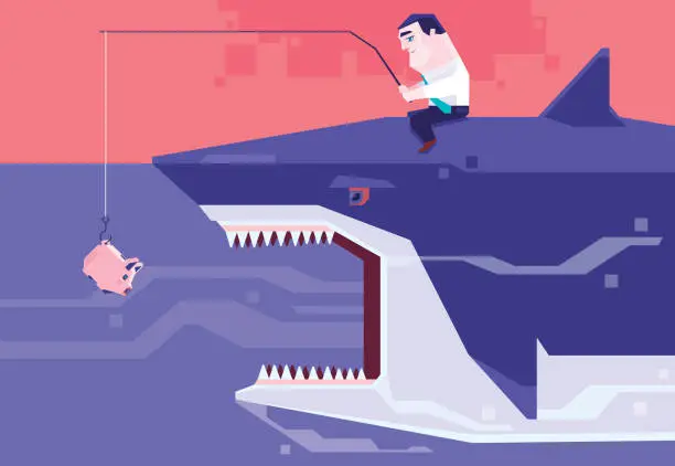 Vector illustration of businessman riding big shark and fishing with piggy bank