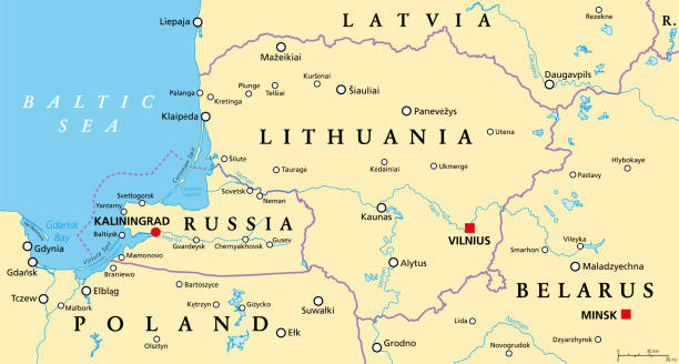 Lithuania and Kaliningrad Oblast, federal subject of Russia, political map Lithuania and Kaliningrad, political map, with capitals and most important cities. Republic of Lithuania, a country in the Baltic region of Europe, and Kaliningrad Oblast, a federal subject of Russia. kaliningrad stock illustrations