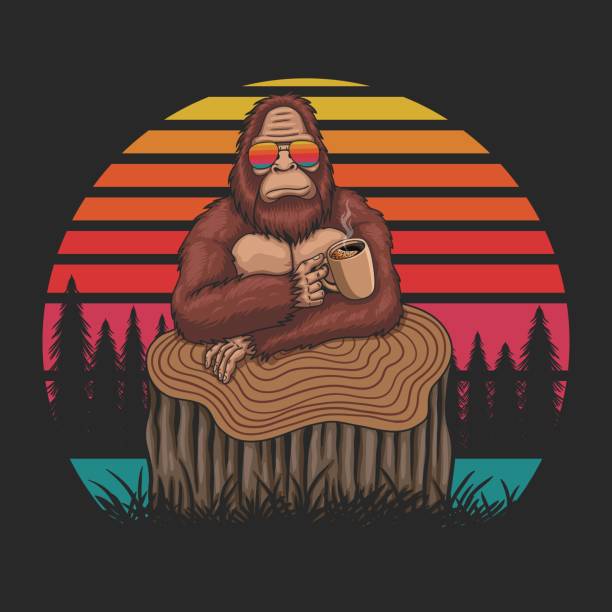 bigfoot relaks napój kawowy retro ilustracja wektorowa - cartoon monkey animal tree stock illustrations