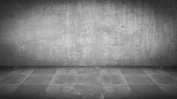 istock Dark white grey gray anthracite concrete cement stone wall and square tiles floor / empty 3D studio room , interior texture for display products, wall background 1404843314