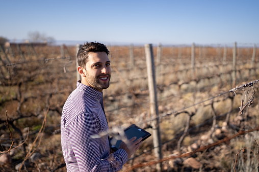 Portrait of a mid adult man working on a digital tablet at a vineyard