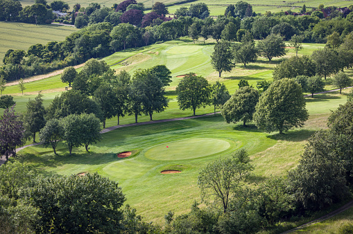 Golfing landscape with trees, aerial view of English golf course, Buckinghamshire, England, UK