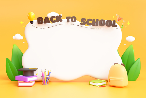 Back to school stationery education banner element empty copy space cartoon on yellow background 3d illustration