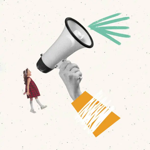Photo of Contemporary art collage. Conceptual image. Female hand holding big megaphone, little girl, child shouting in it