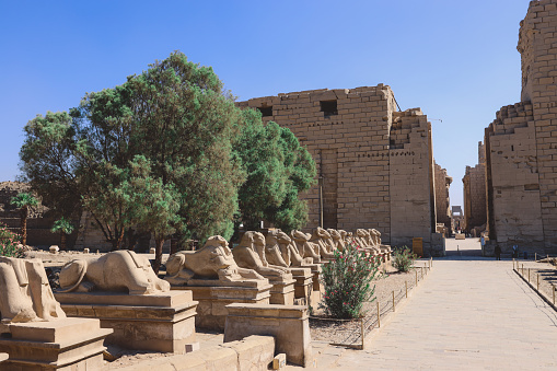 Ancient Ram Headed Sphinx statues at Karnak Temple Complex near Luxor, Egypt
