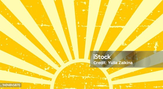 istock Vintage sun in yellow colors. Sunbeams with retro style. Vector background in grunge style. Horizontal banner. 1404845870