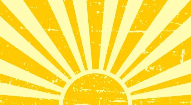 Vector illustration of Vintage sun in yellow colors. Sunbeams with retro style. Vector background in grunge style. Horizontal banner.