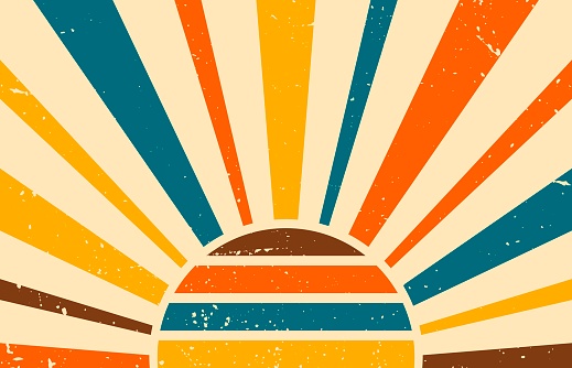 Vintage sun in yellow, blue and orange colors. Sunbeams with retro style. Vector background in grunge style. Horizontal banner. Flat illustration.