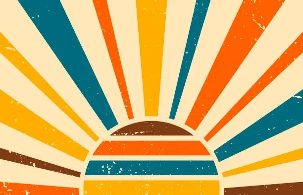 Vector illustration of Vintage sun in yellow, blue and orange colors. Sunbeams with retro style. Vector background in grunge style. Horizontal banner. Flat illustration.