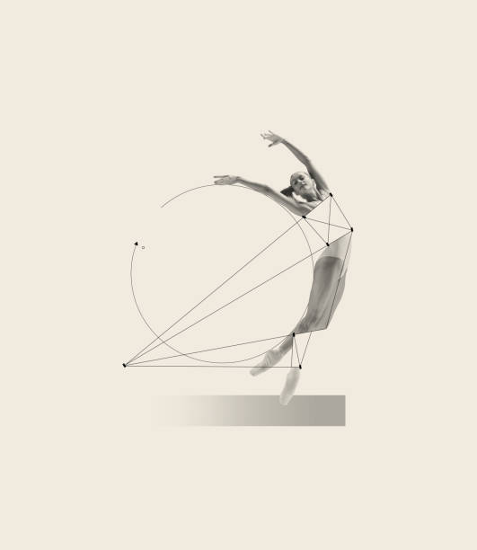 istock Contemporary art collage with young beautiful ballering performing isolated over grey background. Line art, geometric figures design 1404849677