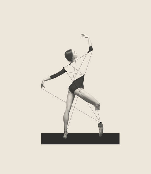 collage de arte contemporáneo con joven y tierna, bailarina bailando aislada sobre fondo gris. diseño de arte lineal - contemporary ballet fotografías e imágenes de stock