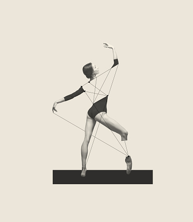 Contemporary art collage with young tender woman, ballerina dancing isolated over grey background. Line art design. Femininity. Concept of classic dance style, art, show, beauty, inspiration