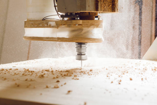 istock Cnc machine working, cutting wood. Woodwork industry. 1404851647