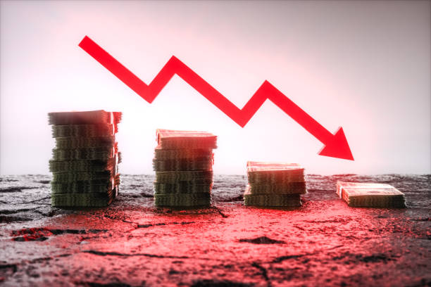 istock Dollar bills with down arrow, financial crisis. 3d render 1404851767