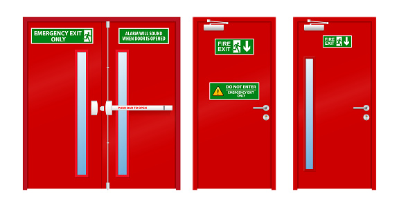 set of fire door exit isolated or fire emergency exit door or red door to evacuate when fire accident. eps vector
