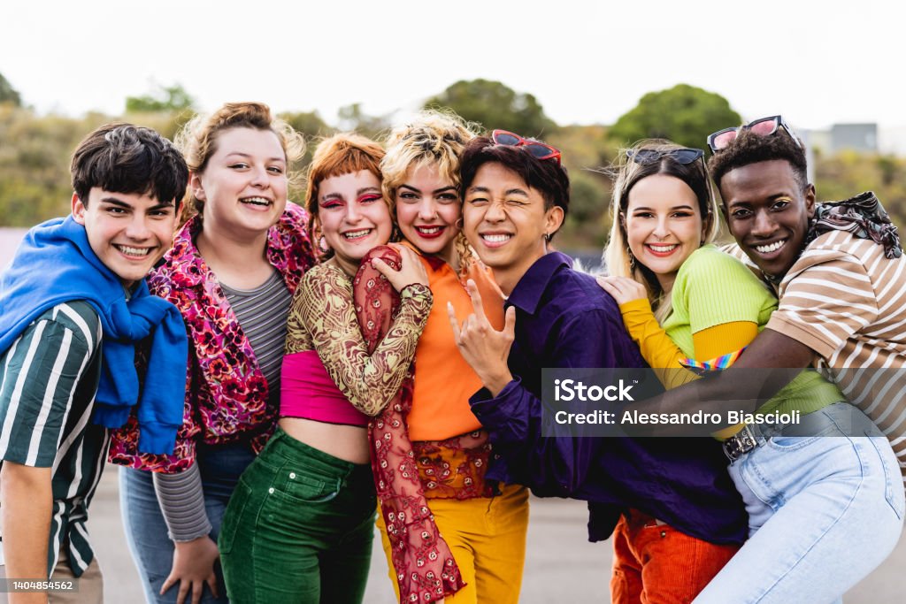 Happy young diverse friends having fun hanging out together - Youth people millennial generation concept Teenager Stock Photo