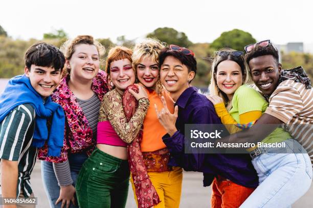 Happy Young Diverse Friends Having Fun Hanging Out Together Youth People Millennial Generation Concept Stock Photo - Download Image Now