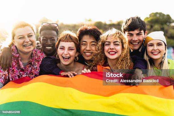 Diverse Young Friends Celebrating Gay Pride Festival Lgbtq Community Concept Stock Photo - Download Image Now
