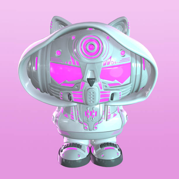 ピンクの背景にサイバー猫。ア��バター。3dイラストレーション - robot conformity toy retro revival ストックフォトと画像