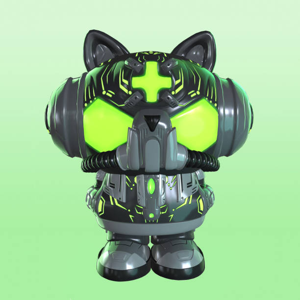 緑色の背景にサイバー猫。アバター。3dイラストレーション - robot conformity toy retro revival ストックフォトと画像