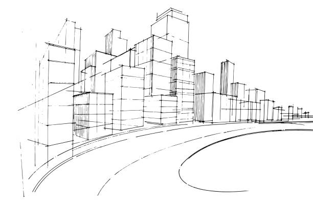ilustrações, clipart, desenhos animados e ícones de desenho de linha de edifícios em uma cidade grande, design moderno, vetor, ilustração 2d - contour drawing illustrations