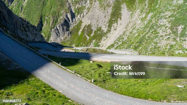 San Gottardo Switzerland Amazing View Of The Bends Of The Pave Road Leading To The Mountain Pass Grand Tour Historical Route Stock Photo - Download Image Now