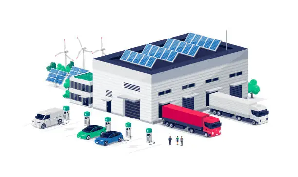 Vector illustration of Company electric cars fleet charging on charger stations at logistic centre with semi trucks