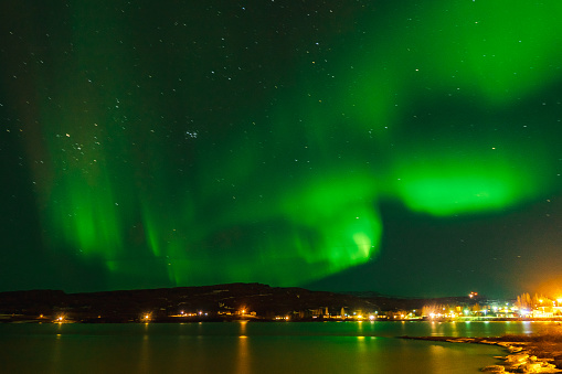 Northern lights or aurora borealis above Egilsstadir in the north east of Iceland