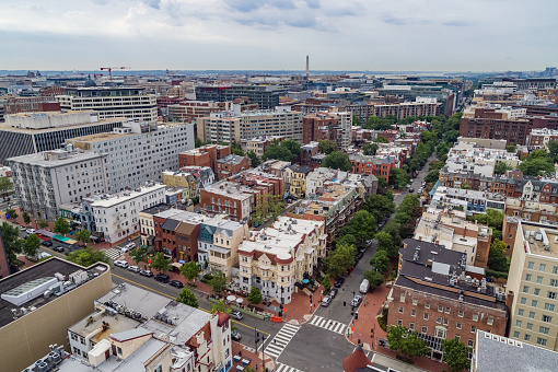 Washington, DC, USA - June 22, 2022: A mix of old and new Washington, DC architecture captured by drone above the 2100 block of Massachusetts Avenue Northwest, looking southeast and showing the block surrounded by P St NW, 20th St NW, O St NW, and 21st St NW. Captured by Nathanael Showalter of Hover Solutions, LLC with a DJI Inspire 2 while operating under a TSA waiver for the airspace.